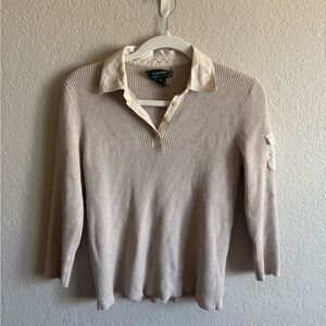 Lauren Ralph Lauren Y2K Beige Ribbed Knit Collated LongSleeve Crop Top Vintage